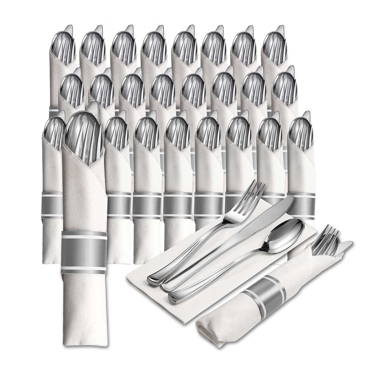 Pre Rolled Plastic Silverware 100pc Set - Service for 25 for Events - Silver